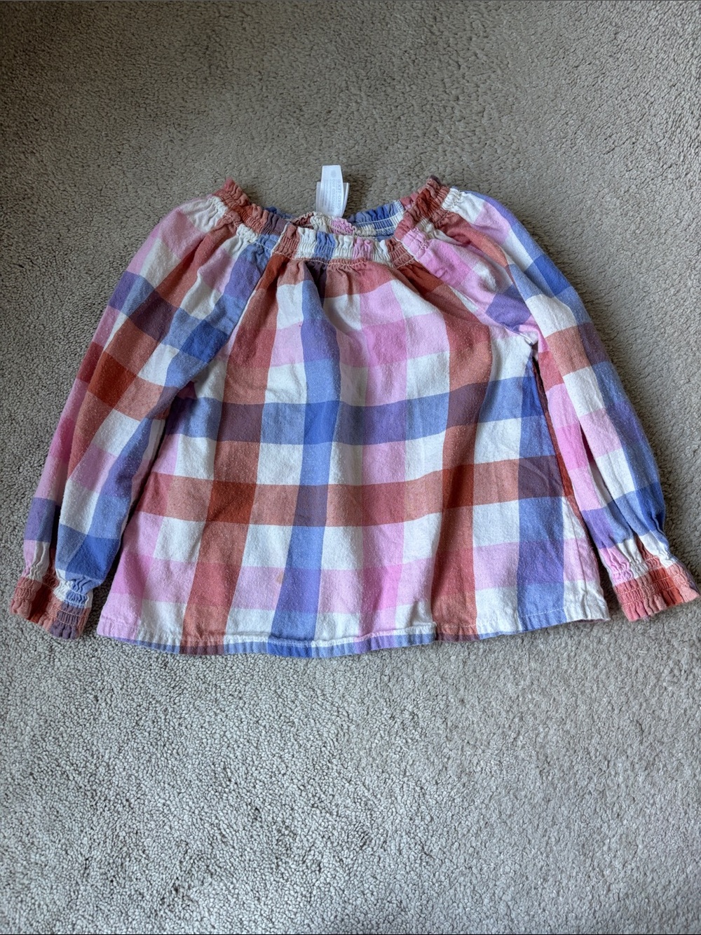 Hanna Andersson Pink, Blue & Rust Plaid Off-Shoulder Peasant Top